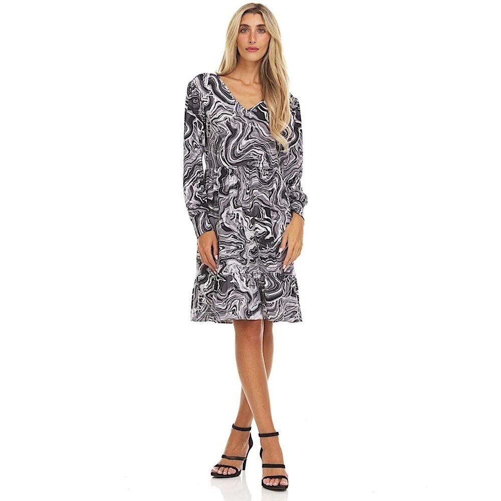 Inner Beauty Black Gray & Ivory Swirl Long Sleeve Ruffle Midi Dress Size Small